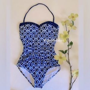 TOMMY BAHAMA • Shibori Splash Bandeau Swimsuit Plunge Blue Womens S/P • (NWT)